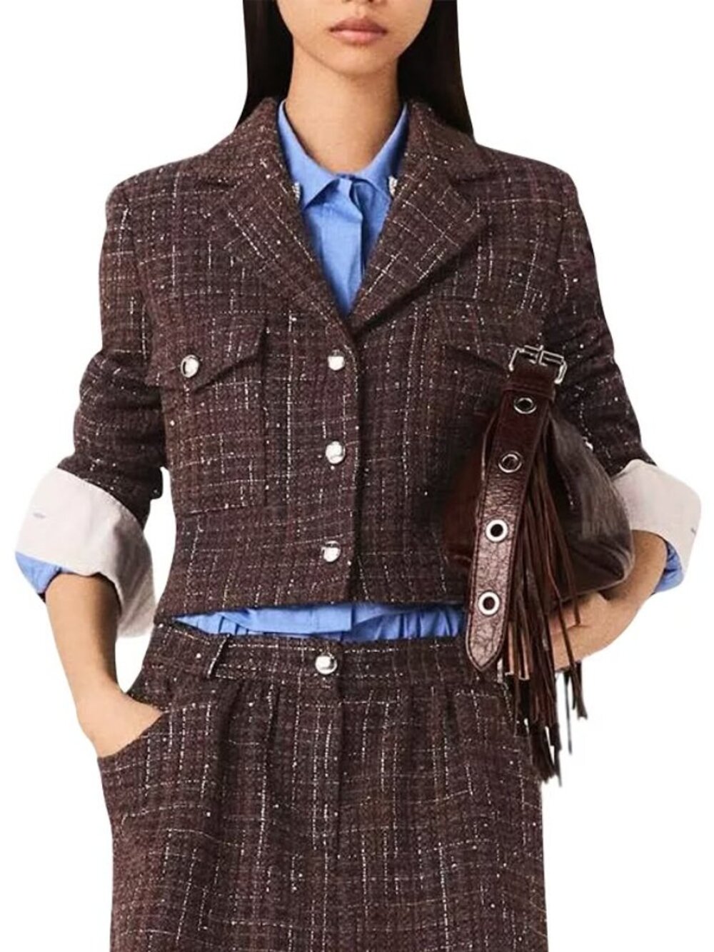 Maje Sequin Tweed Crop Jacket Brown Sz 38